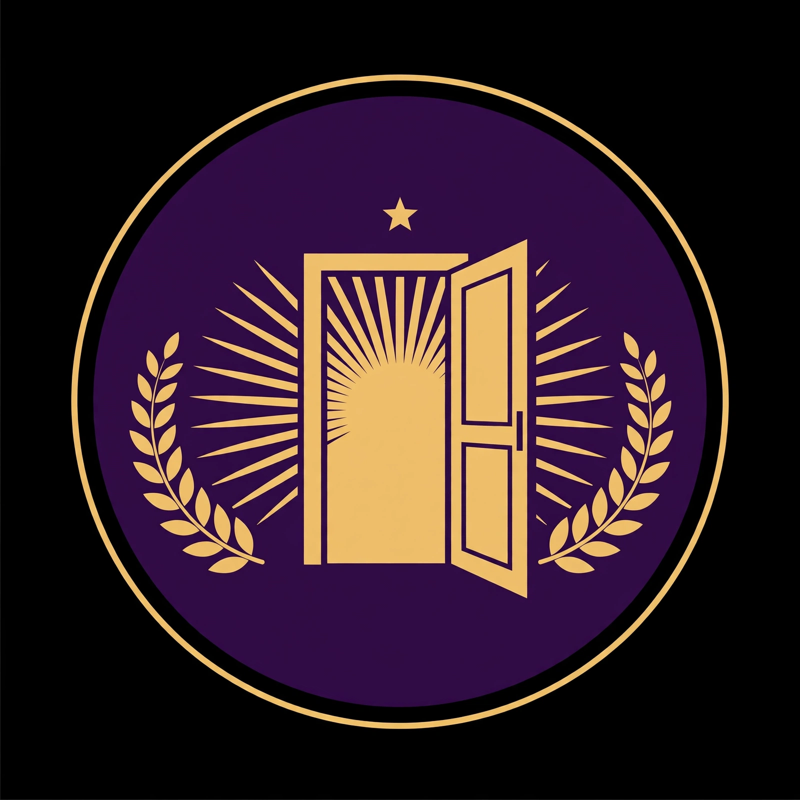 The Destiny Morgan Wiki mark: an open golden door with light and a star, on deep purple